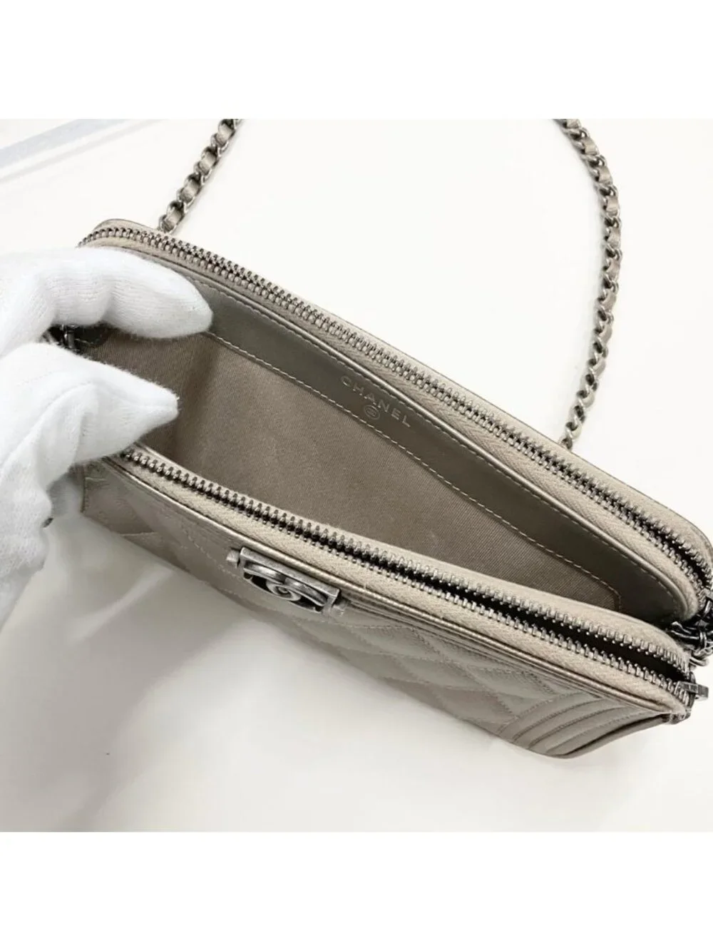 Chanel Caviar Leather CC Logo Boy Chain Wallet Shoulder